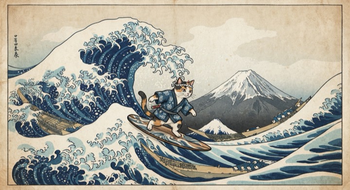 浮世絵風: 大波でサーフィンする猫